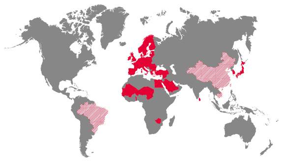 In diesen Ländern ist Paraquat verboten (rot) oder ein Verbot beschlossen (rot schraffiert)